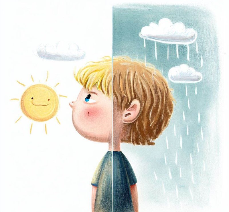 AI-drawing of a person split in two in sunlight and rain